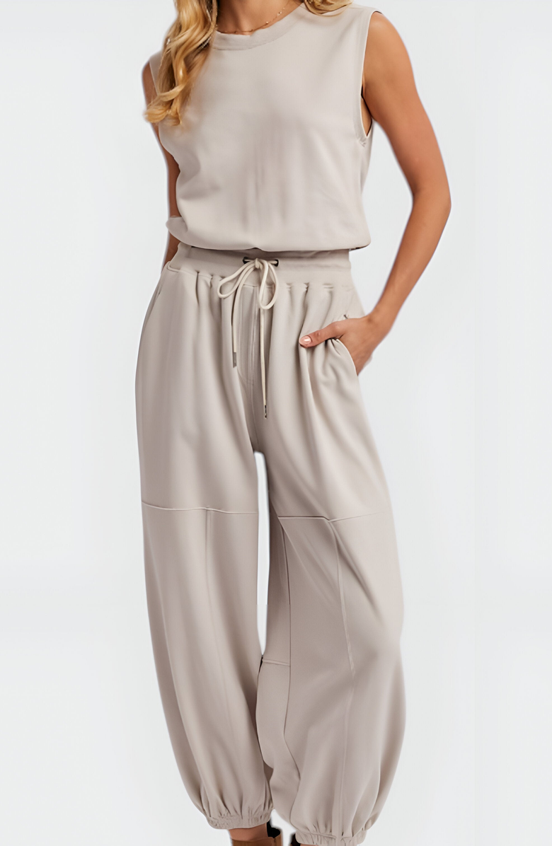 Modenaire Sleeveless Rib Knit Top and High Waist Jogger Set with Drawstring Waist, Alternate, color, 