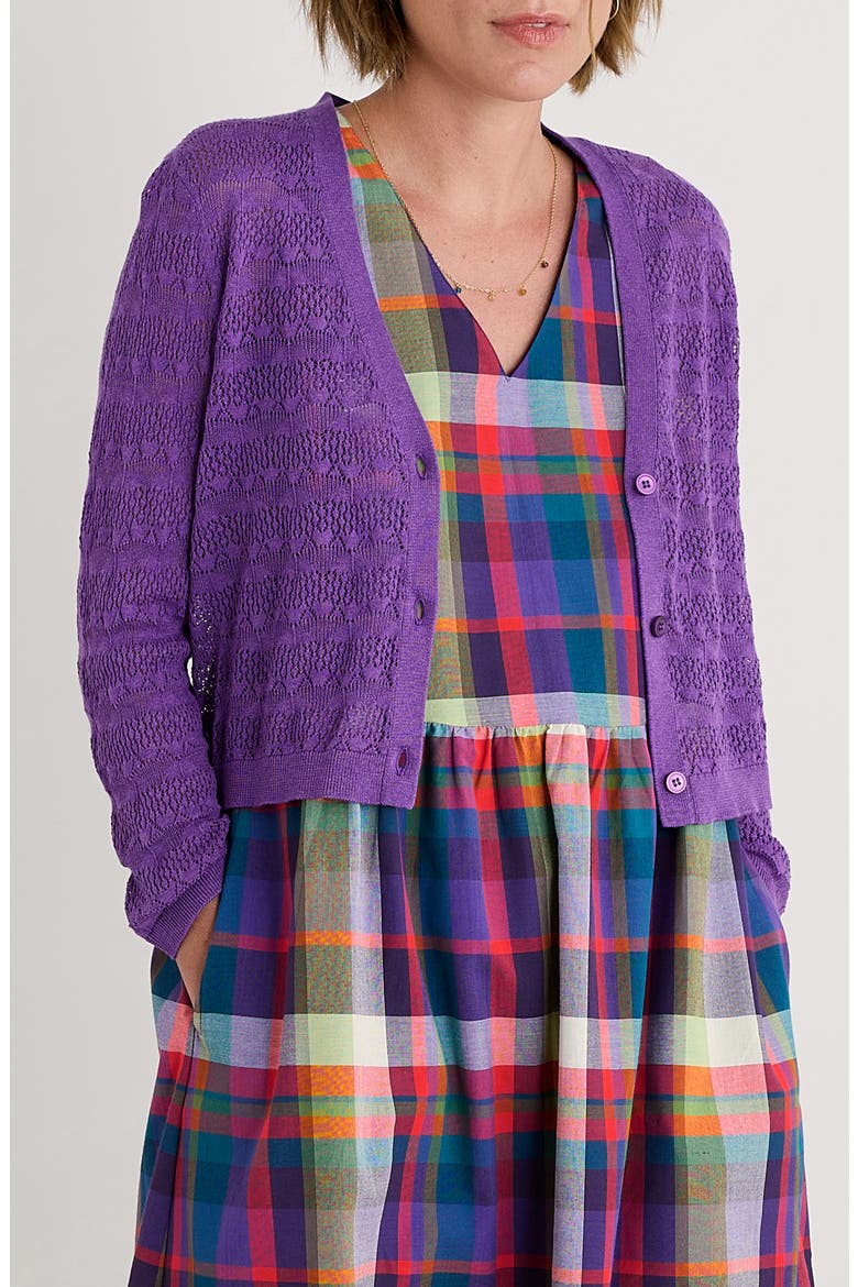 Sweet Day Pointelle Organic Cotton Cardigan, Main, color, KNIT MELANGE PANSY