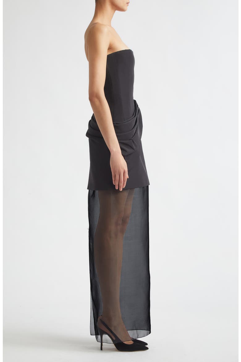 Draped Strapless Silk Faille & Organza Gown, Alternate, color, BLACK