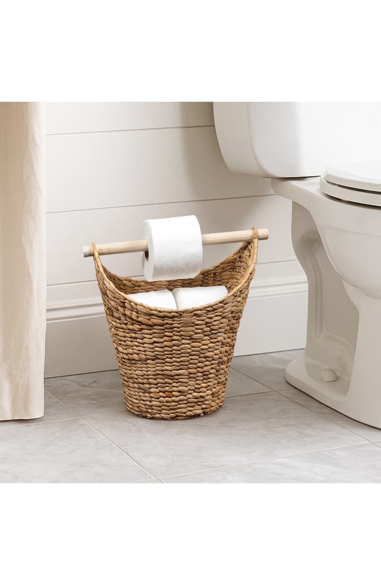 HAPPIMESS Talia Classic Coastal Hand-Woven Water Hyacinth Toilet Paper Basket with Wood Bar, Alternate, color, Natural