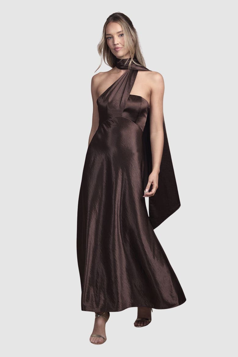 Satin Scarf Detail Maxi Bridesmaid Dress, Main, color, Chocolate