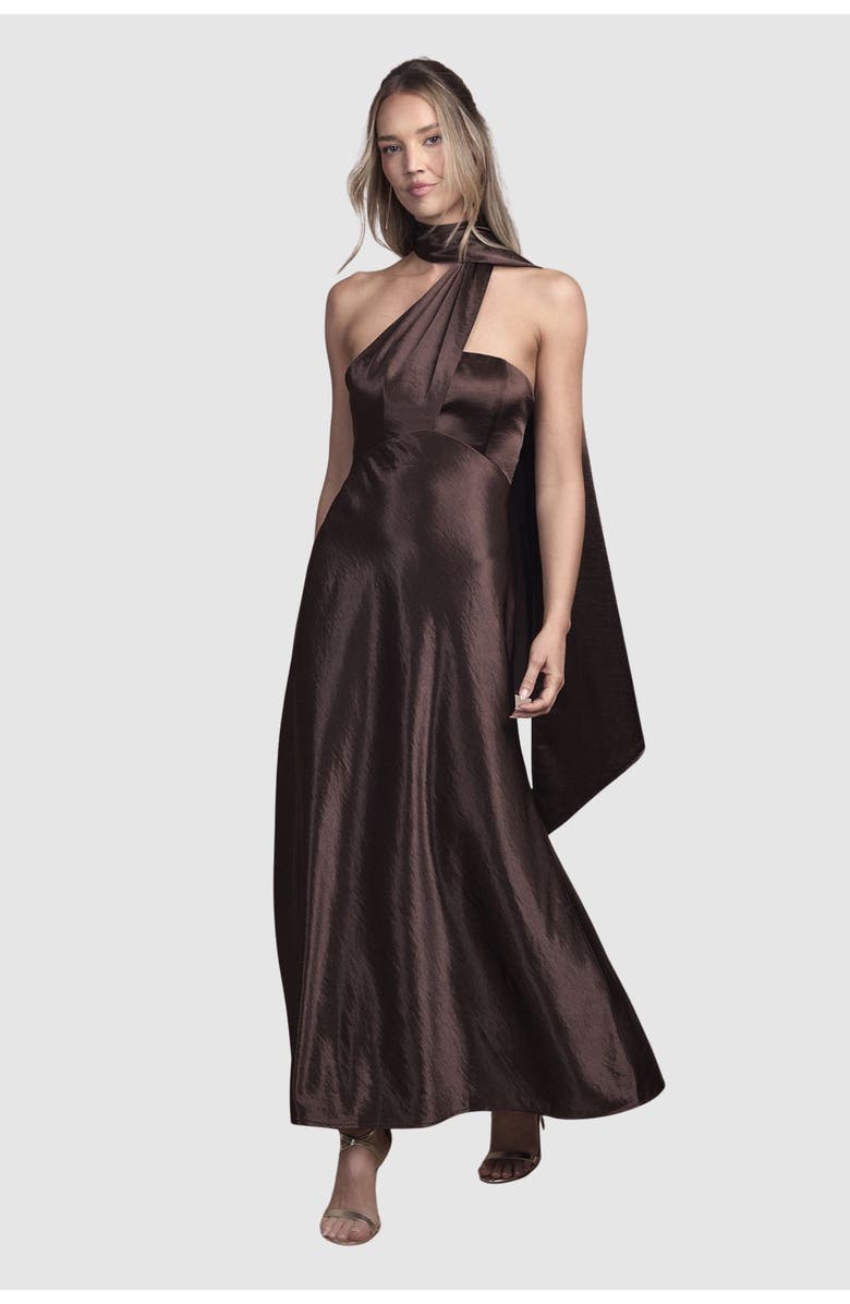 Coast Satin Scarf Detail Maxi Bridesmaid Dress, Main, color, Chocolate