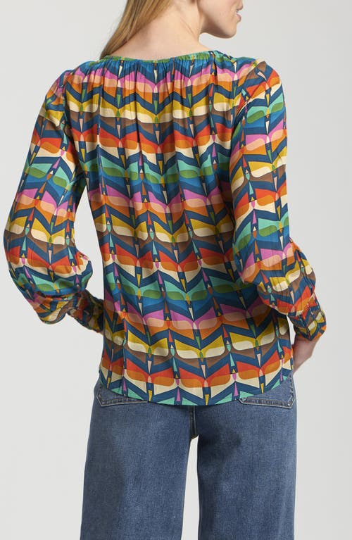 Apny Printed Smocked Cuff Top In Multi