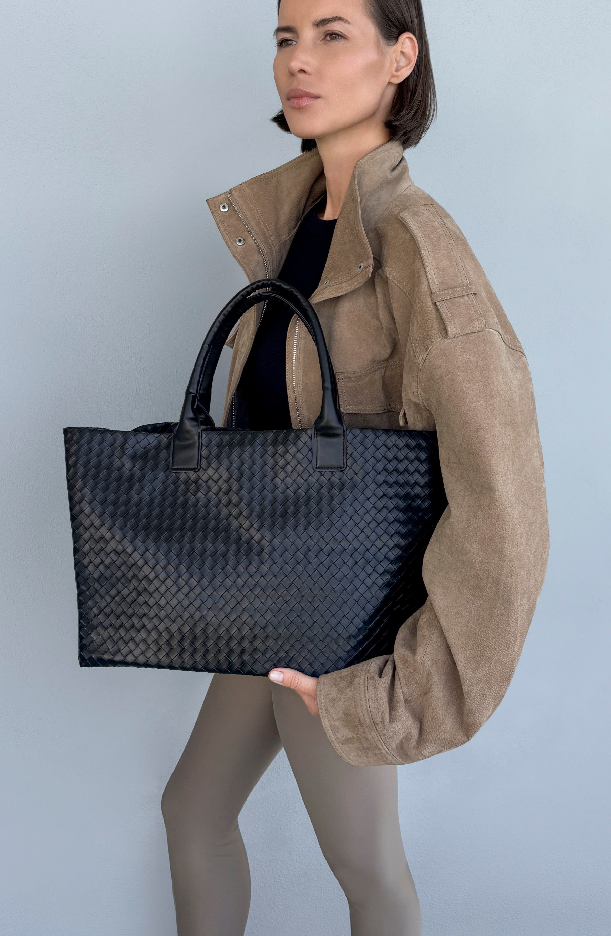 Woven Faux Leather Tote, Alternate, color, BLACK