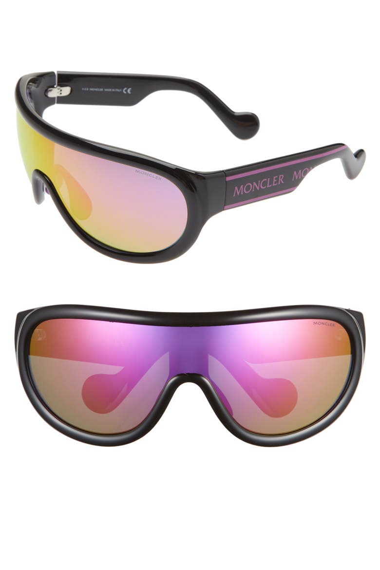 155mm Mirrored Shield Sunglasses, Main, color, SHINY BLACK/ BORDEAUX MIRROR