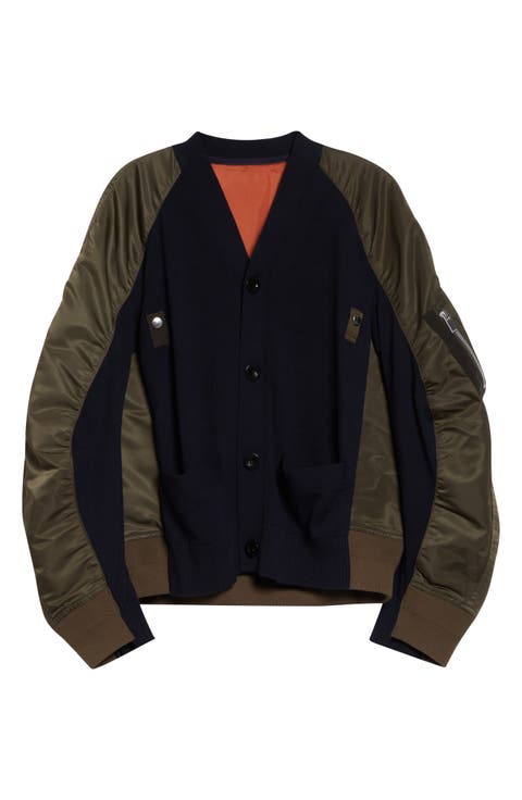 Mixed Media Knit & Nylon Twill Cardigan