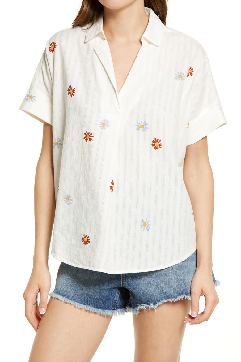 Daisy Embroidered Courier Button Back Shirt, Main, color, BRIGHT IVORY