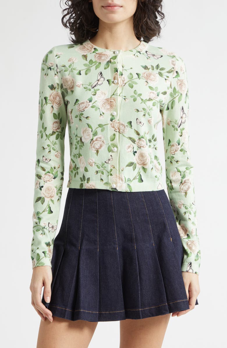 Alice + Olivia Carson Floral Cotton Blend Cardigan, Main, color, Garden Gossip Light Sage