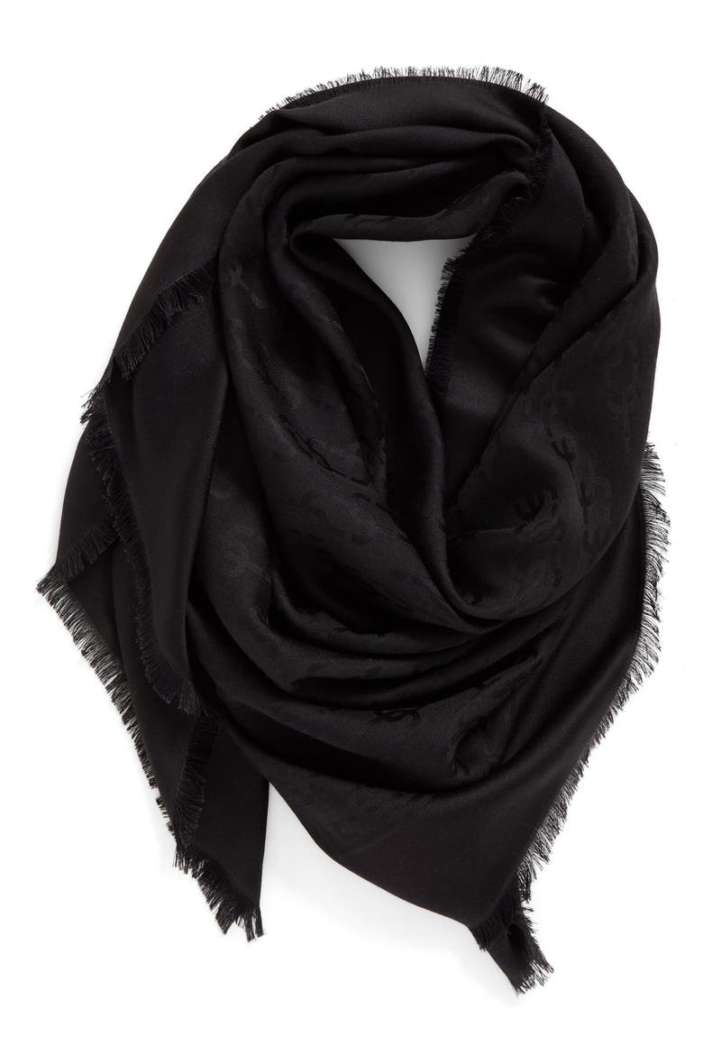 Monogram Silk & Wool Jacquard Scarf, Main, color, BLACK