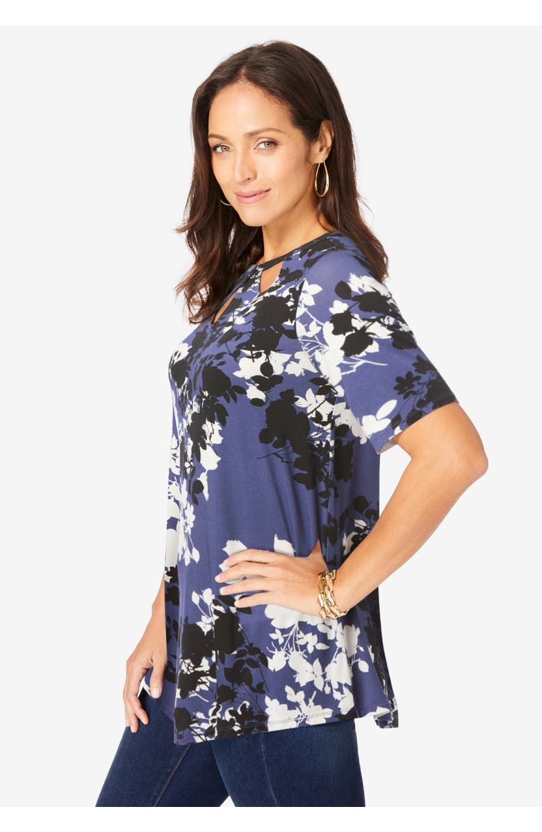 Jessica London Stretch Knit Cutout Swing Tunic, Alternate, color, Dusk Graphic Floral