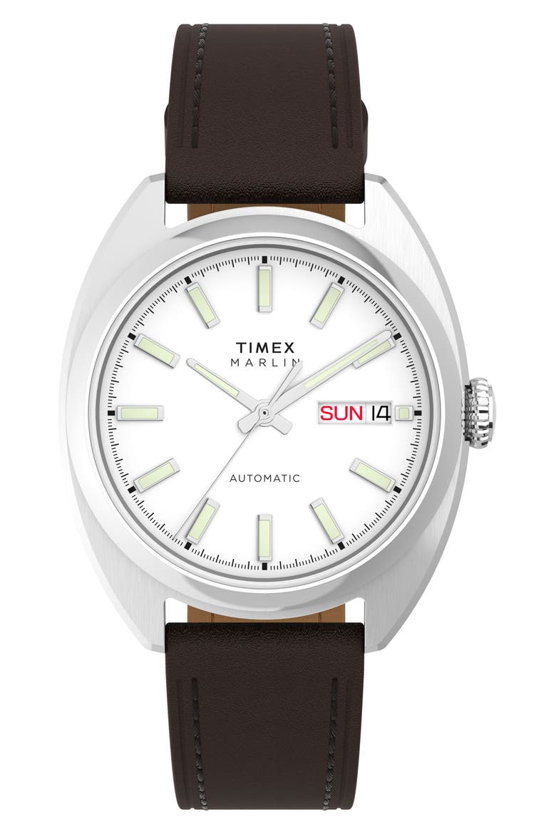 Marlin® Draper Automatic Leather Strap Watch, 37mm x 43mm, Main, color, STAINLESS STEEL