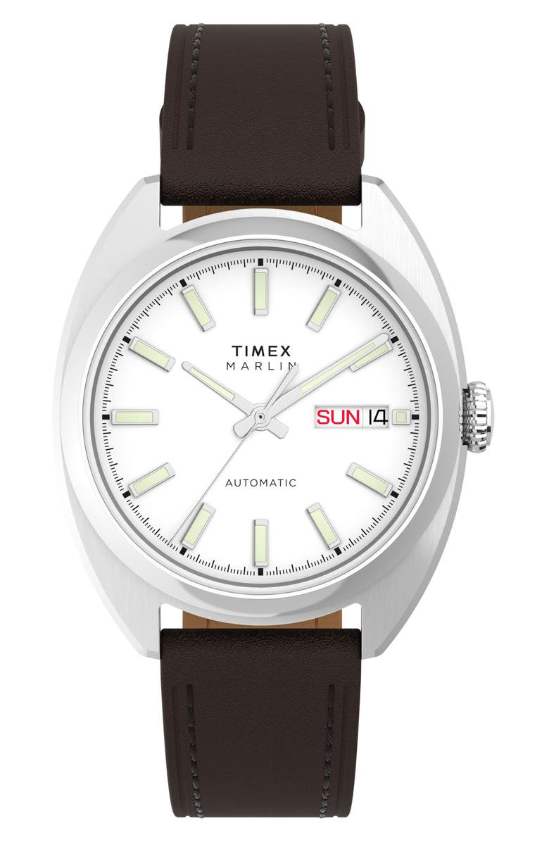 Timex<sup>®</sup> Marlin<sup>®</sup> Draper Automatic Leather Strap Watch, 37mm x 43mm, Main, color, Stainless Steel