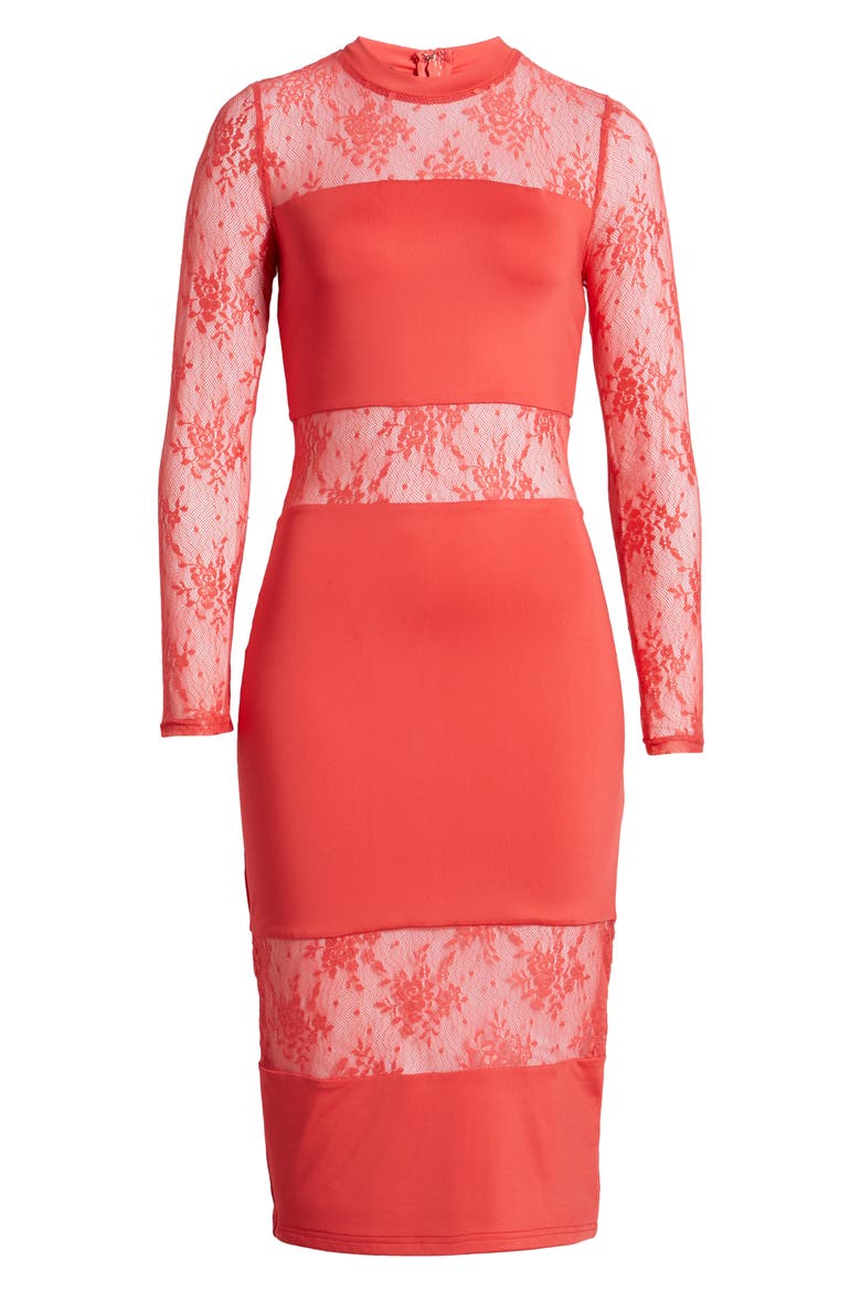 Lace Inset Long Sleeve Midi Dress, Alternate, color, RED