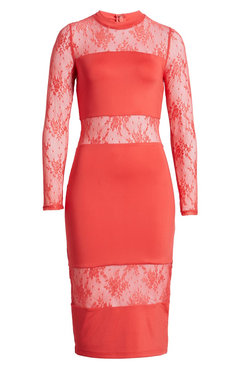 bebe Lace Inset Long Sleeve Midi Dress, Alternate, color, Red