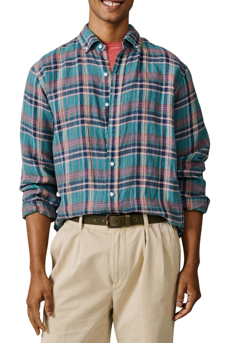 Croyland Madras Button-Down Linen Shirt, Alternate, color, Green Check