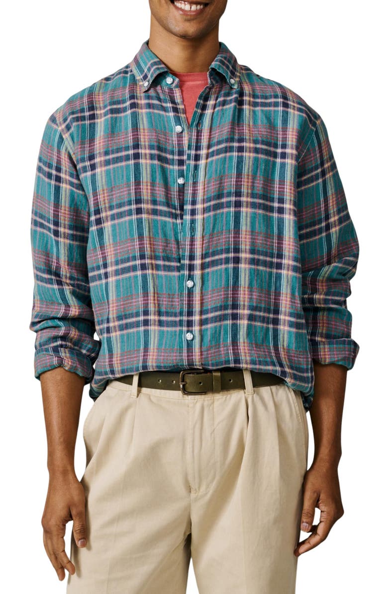 Aubin Croyland Madras Button-Down Linen Shirt, Alternate, color, Green Check