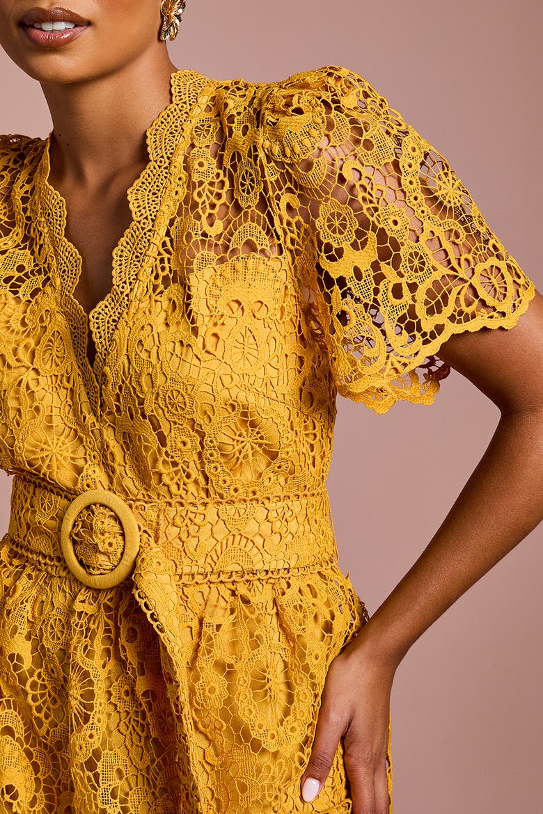 Petite Tiered Lace Midi Dress, Alternate, color, Gold