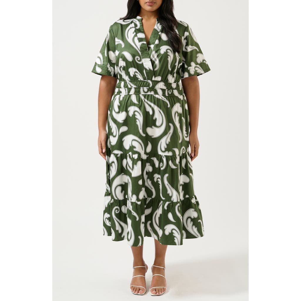 Estelle Sandswept Faux Wrap Midi Dress In Green Print