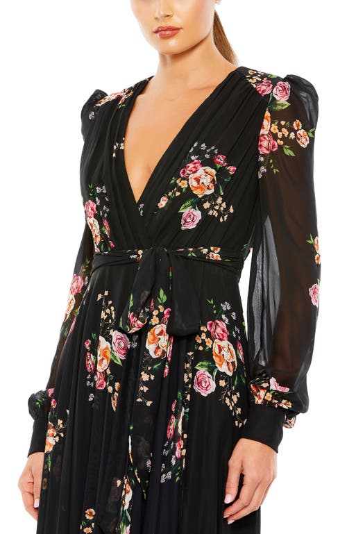 Mac Duggal Belted Floral Print Illusion Long Sleeve Gown In Black Multi