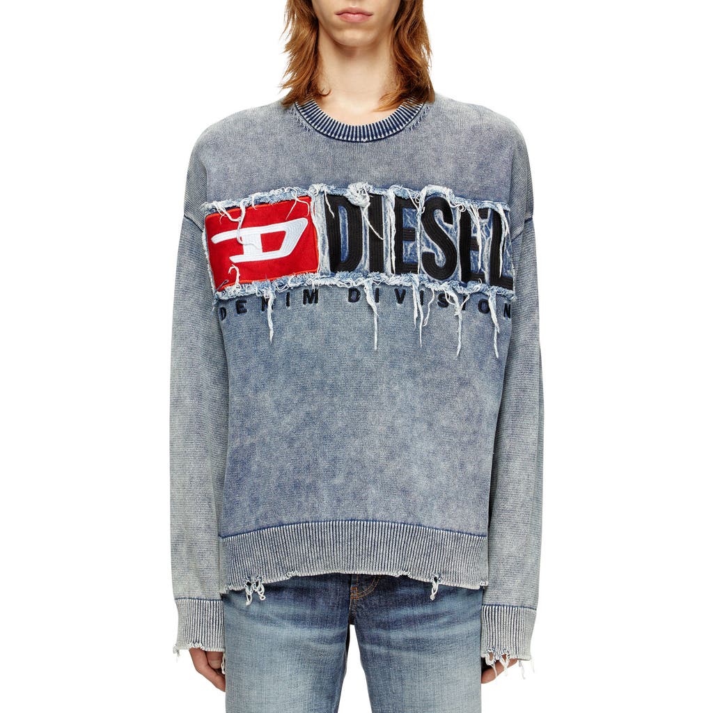 Diesel Distressed Crewneck Sweater With Ribbed Cuffs In Blue
