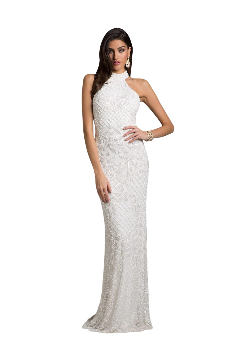 Lattice-Beaded Halter Neck Sheath Wedding Gown, Main, color, Ivory