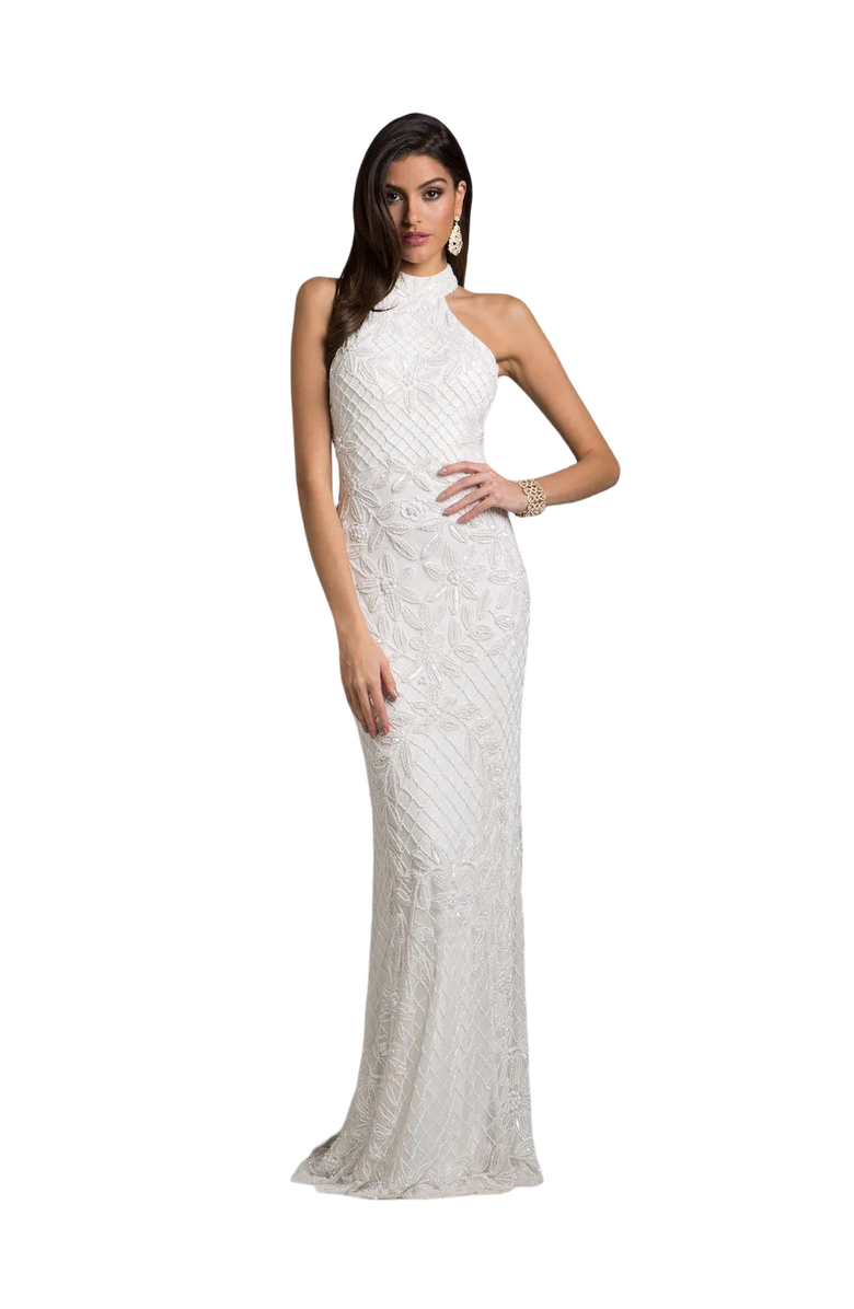 LARA New York Lattice-Beaded Halter Neck Sheath Wedding Gown, Main, color, Ivory