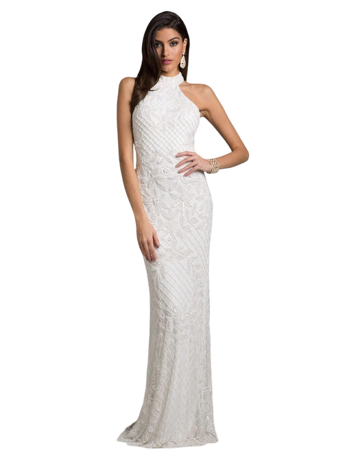 Lara New York Lattice-beaded Halter Neck Sheath Wedding Gown In White