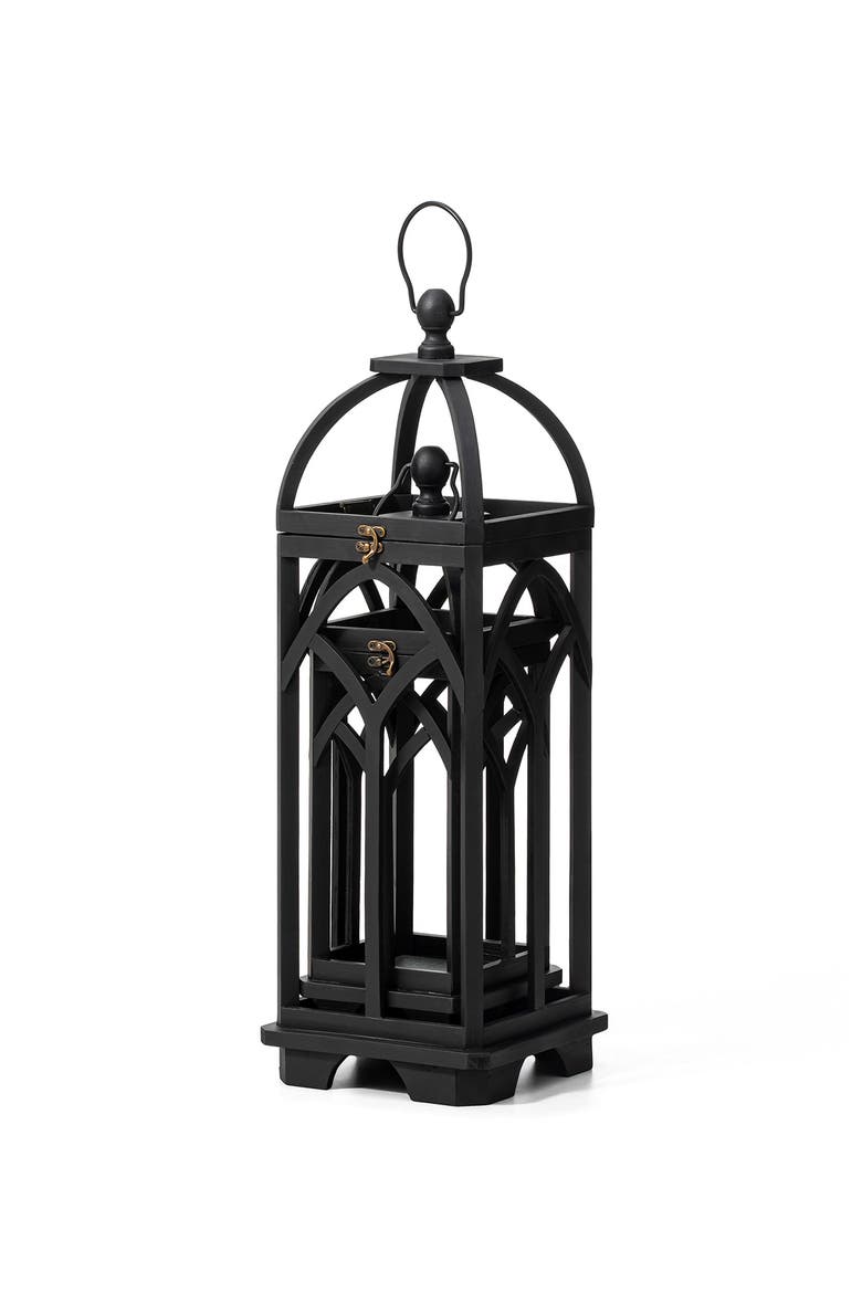 Set of 2 Wooden Church Style Decorative Lanterns Candle Holders, Alternate, color, Black