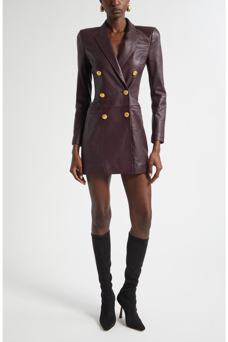 Tora Double Breasted Long Sleeve Leather Tuxedo Dress, Main, color, DARK MALBEC