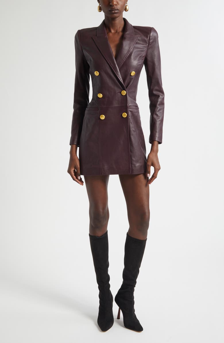 L'AGENCE Tora Double Breasted Long Sleeve Leather Tuxedo Dress, Main, color, Dark Malbec