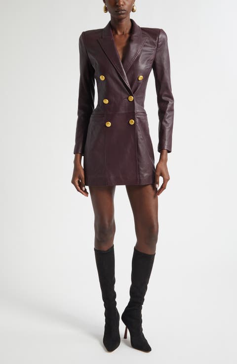 Tora Double Breasted Long Sleeve Leather Tuxedo Dress
