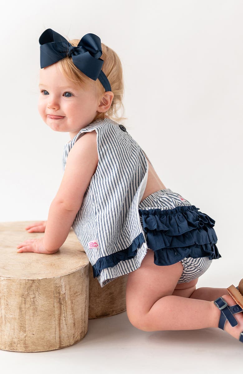 RuffleButts Stripe Cotton Seersucker Swing Top, Bloomers & Headband Set, Alternate, color, 