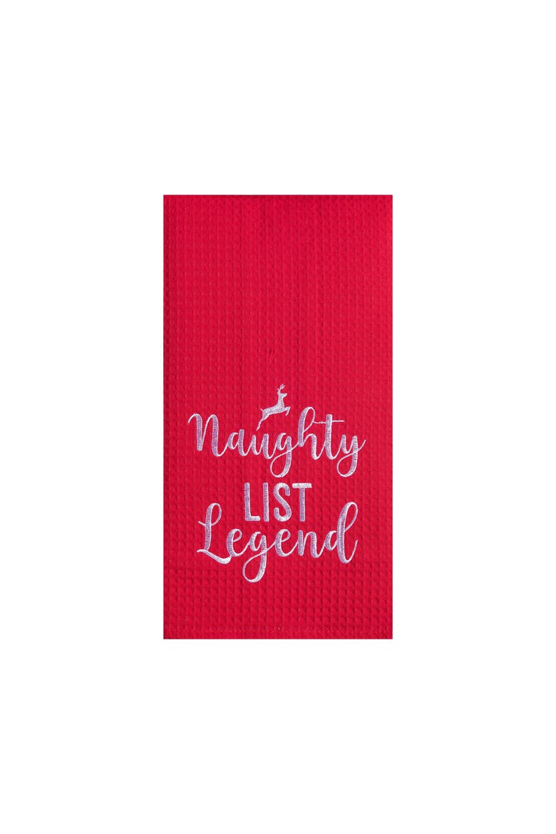 Christmas "Naughty List Legend" Sentiment Red Cotton Waffle Woven Kitchen Dish Towel, Main, color, Red
