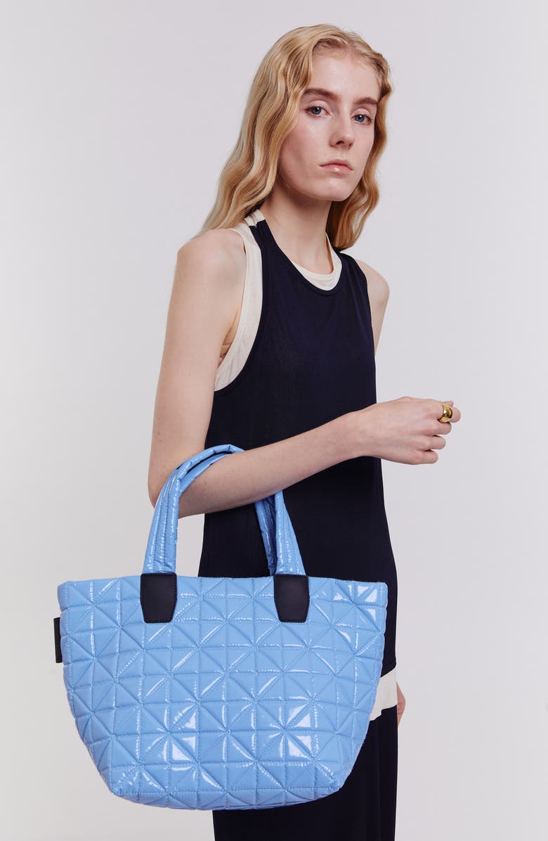 VeeCollective Small Vee Quilted Recycled Nylon Tote, Alternate, color, Cerulean Vinyl