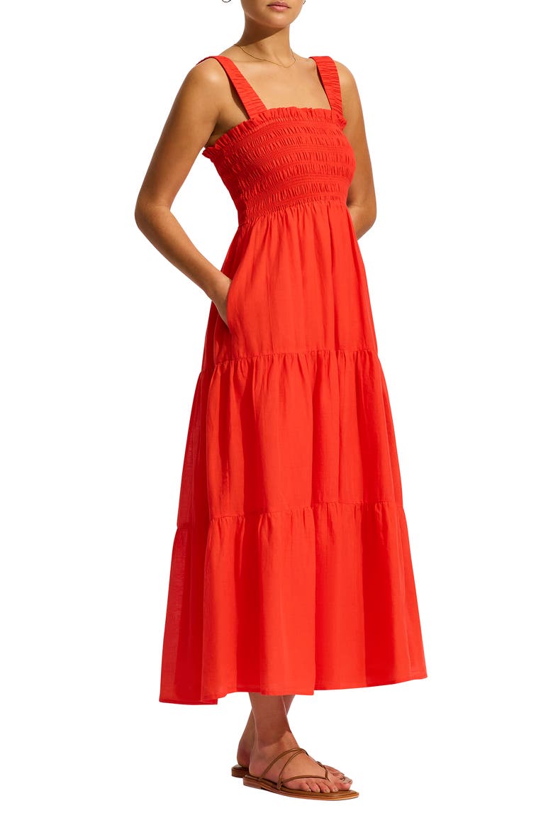 Faithful Smocked Tiered Cotton Cover-Up Midi Dress, Alternate, color, FLAME