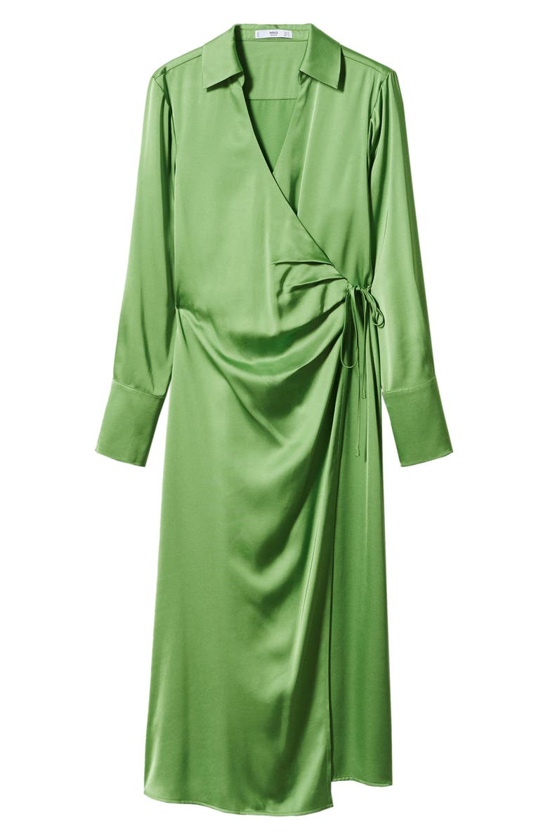 MANGO Long Sleeve Satin Wrap Shirtdress, Alternate, color, Green