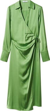 MANGO Long Sleeve Satin Wrap Shirtdress