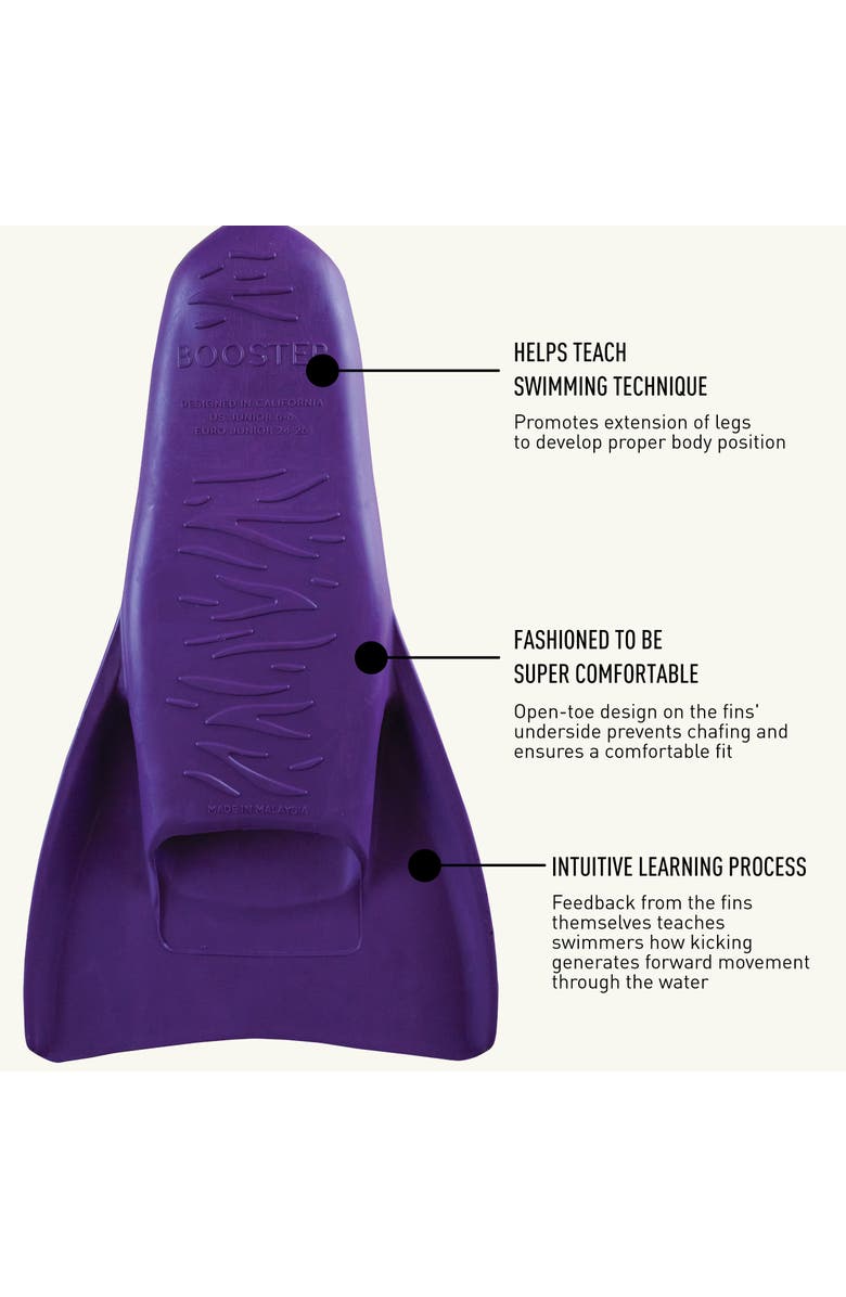 FINIS Booster Swim Fins for Kids Floating Rubber Fins Teaches Kick Technique Open Toe Design Comfortable Fit, Alternate, color, Purple