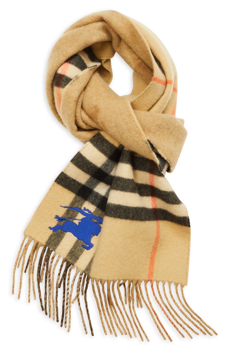Burberry Equestrian Knight Design Check Reversible Fringe Cashmere Scarf, Alternate, color, Sand
