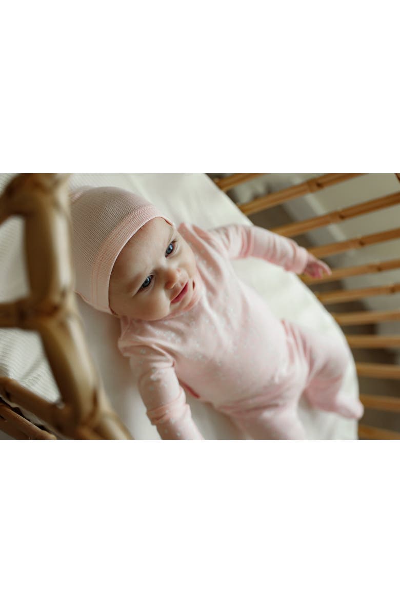 Little Fragile Cherry Leaf Scalloped Binding Elastic Ankle Romper & Hat Set, Alternate, color, Misty Blue