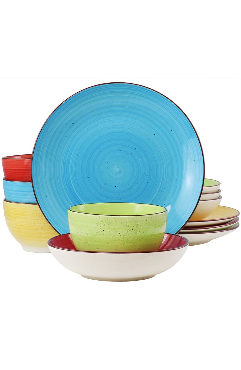 Elama Mason 12 Piece Double Bowl Stoneware Dinnerware Set, Main, color, Yellow