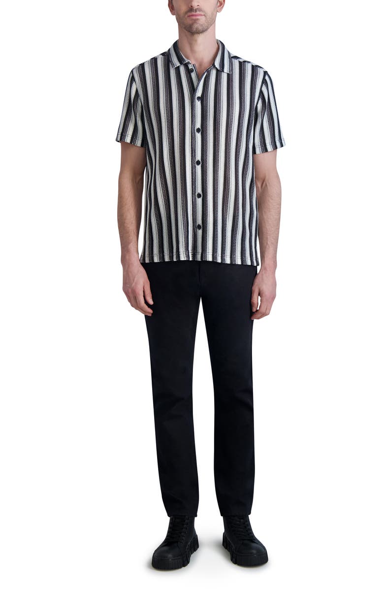 KARL LAGERFELD PARIS Stripe Knit Short Sleeve Button-Up Shirt, Alternate, color, 