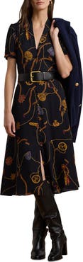 Lauren Ralph Lauren Nautical Print Belted Georgette Shirtdress