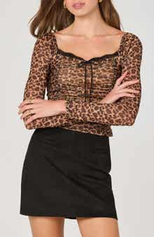 ASTR the Label Lace Trim Long Sleeve Ruched Mesh Top