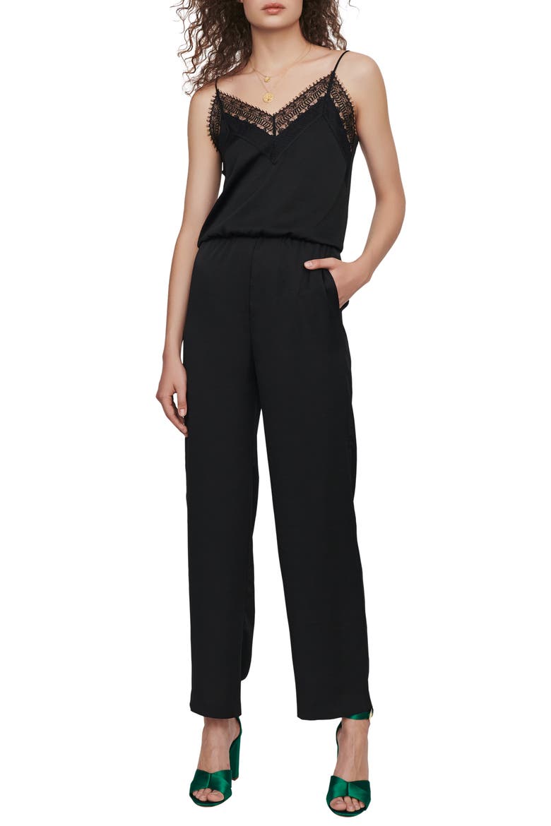 Paulie Lace Detail Satin Jumpsuit, Main, color, BLACK