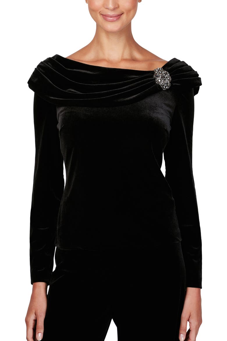 Ruched Neck Velvet Top, Main, color, BLACK