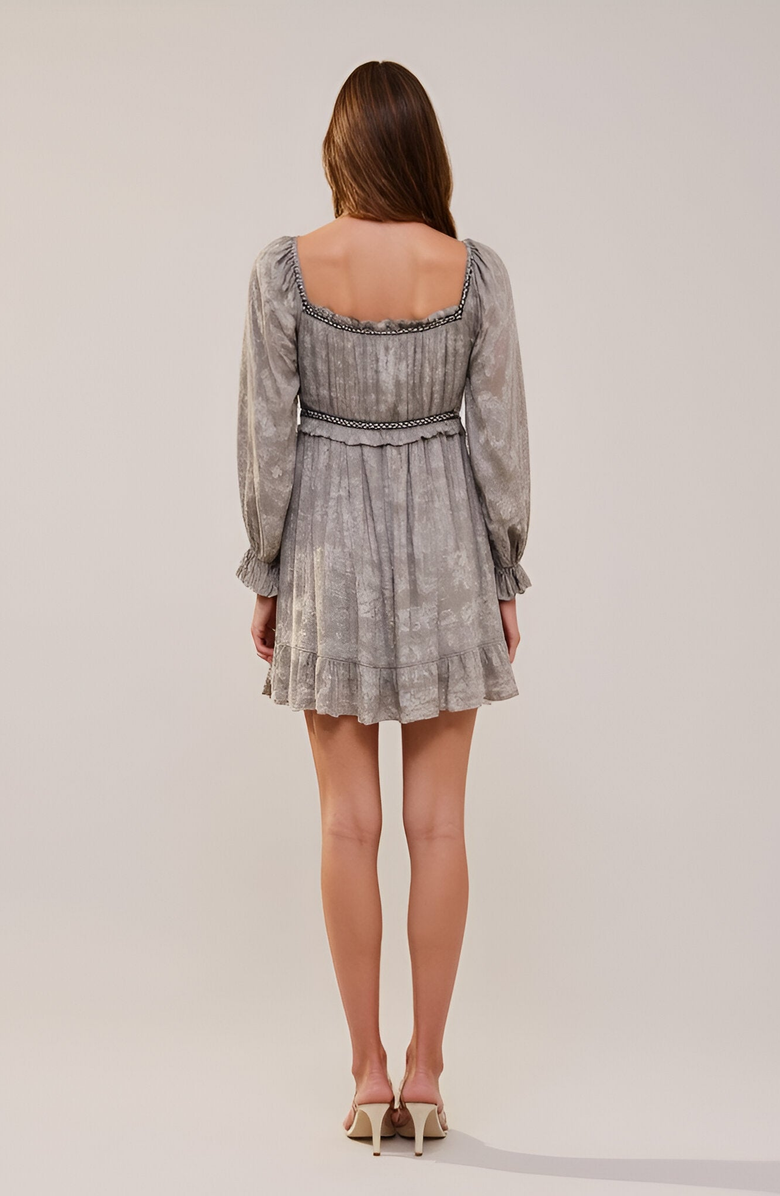 Modenaire Long Sleeve Drawstring Waist Ruffle Hem Mini Dress, Alternate, color, 