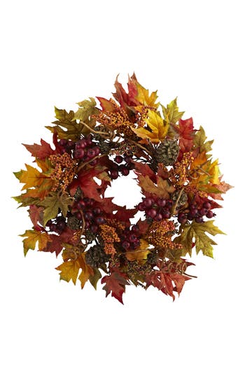 Nearly Natural Maple & Berry Wreath In Multi