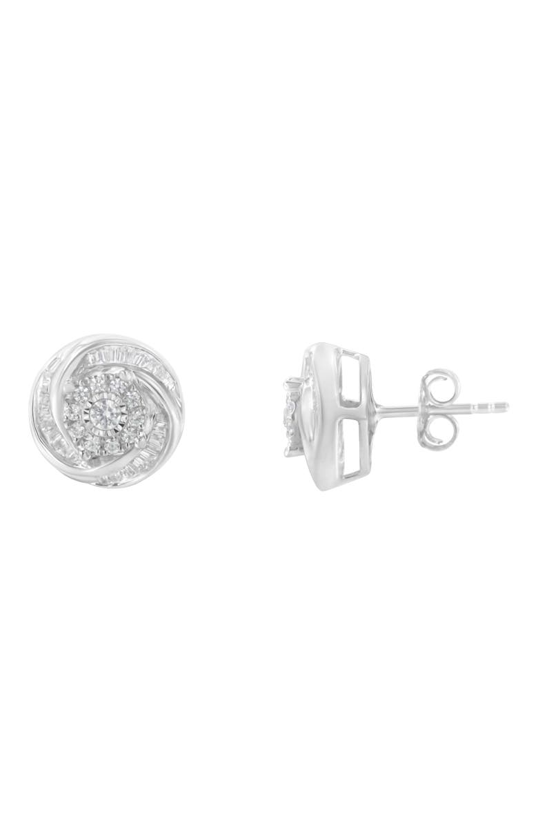 Haus of Brilliance Silver 3/4 Ct Round and BaguetteDiamond Love Knot Stud Earring, Alternate, color, White