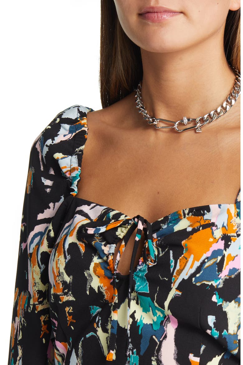 Ruched Long Sleeve Keyhole Crop Top, Alternate, color, BLACK - PINK BRUSHED COLOR